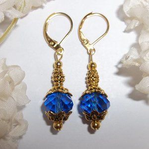 Gold Earrings With Cobalt Blue Lever Back Dangle Drop Colorful Simple NWT 6305